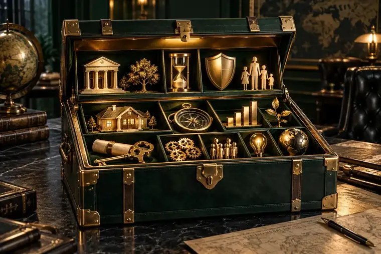 A gold War Chest under a financial X-Ray, holding tools for income, investments and protection