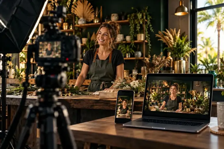 Concept illustration of a business owner filmed for a professional video business card