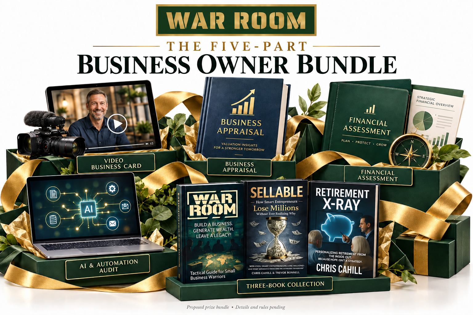 Five-part business owner gift bundle: video business card, business appraisal, financial assessment, AI and automation audit, and three books.