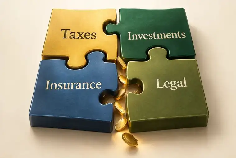 Tax, investment, insurance and legal puzzle pieces with coins slipping through their gaps