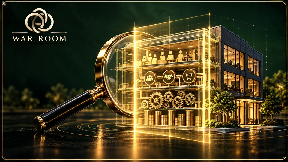 War Room X-Ray scan of a growing company with earnings and investment value contrasted against the owner retirement target